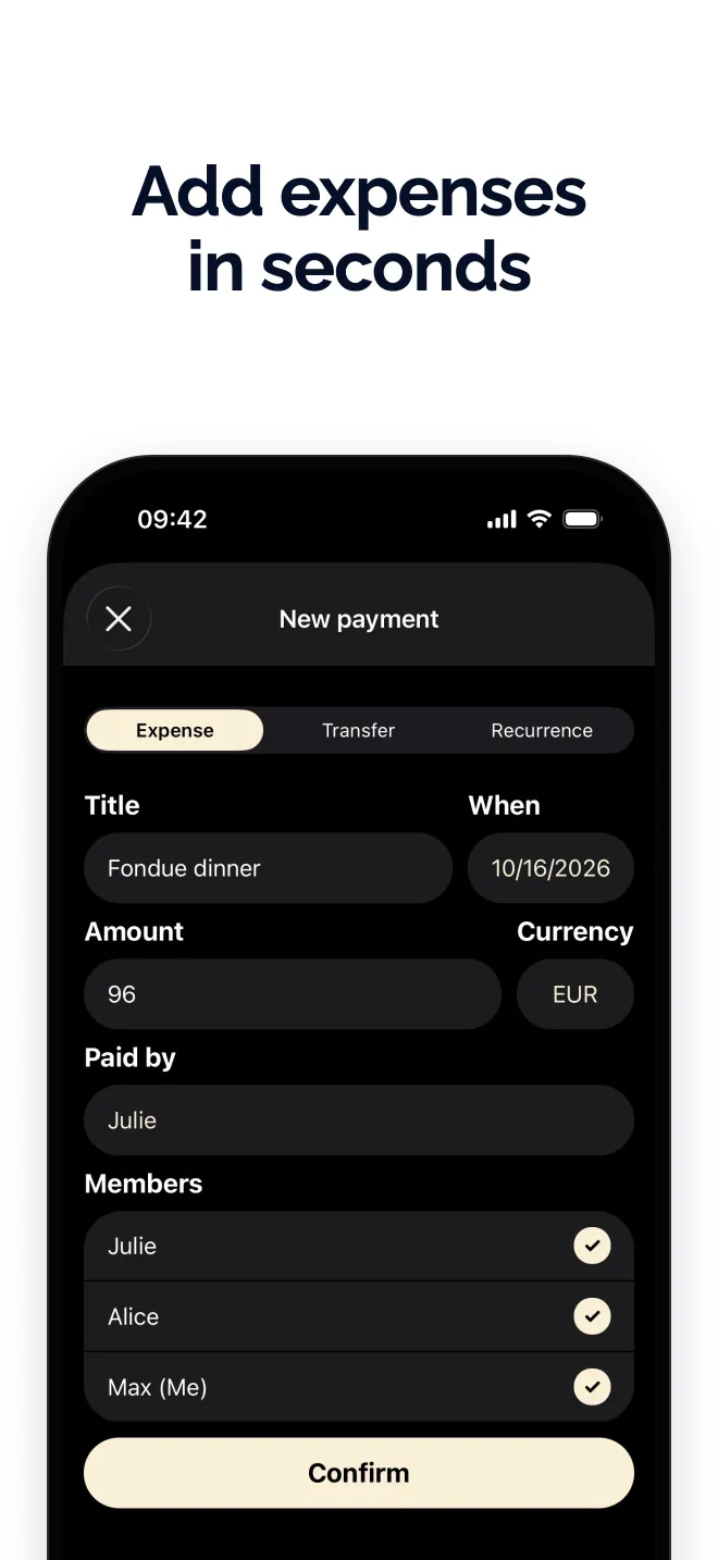 Add expenses in seconds